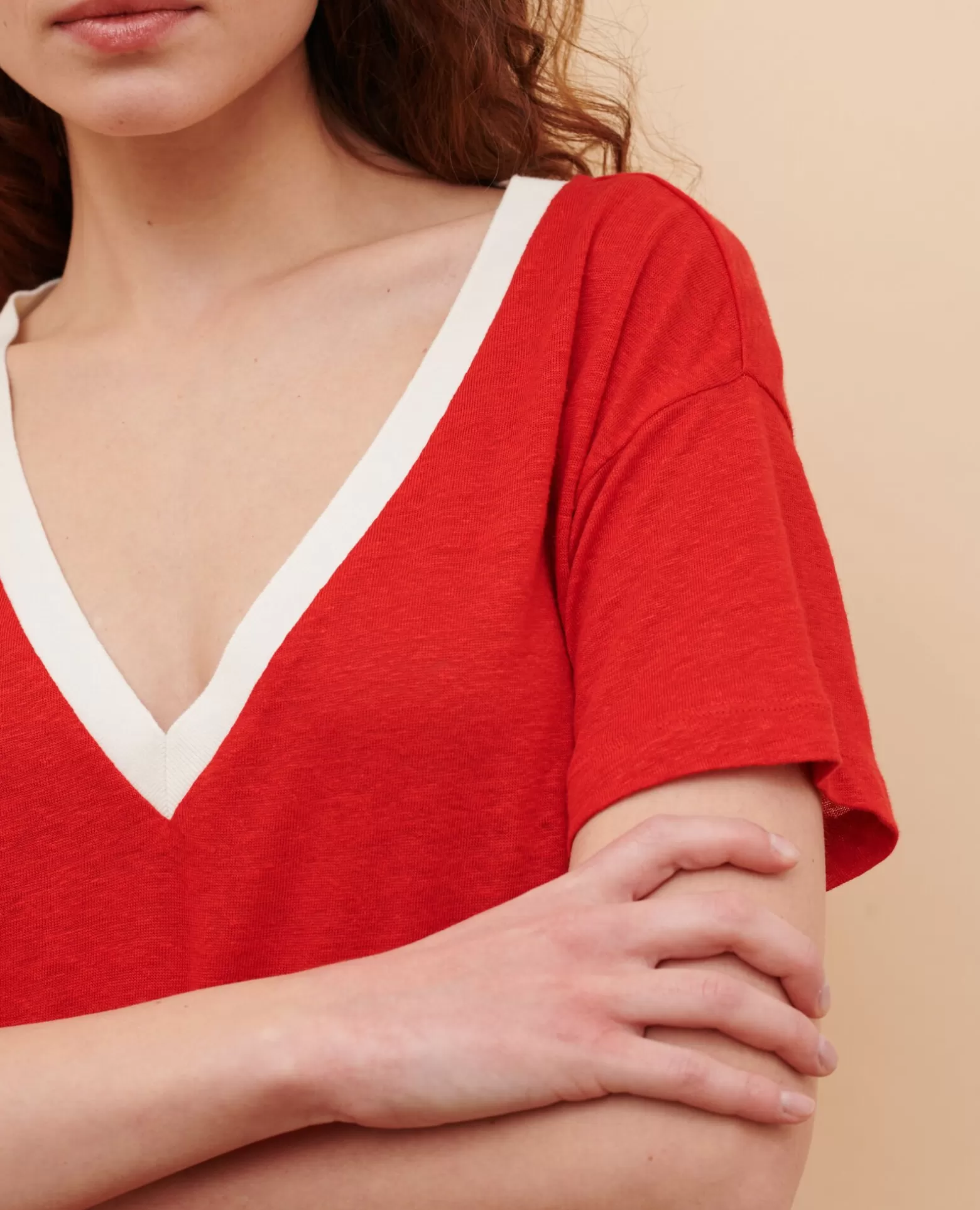 Tops | Comptoir des Cotonniers Sarah - T-Shirt En Lin 5039C Str Fieryred Gardenia