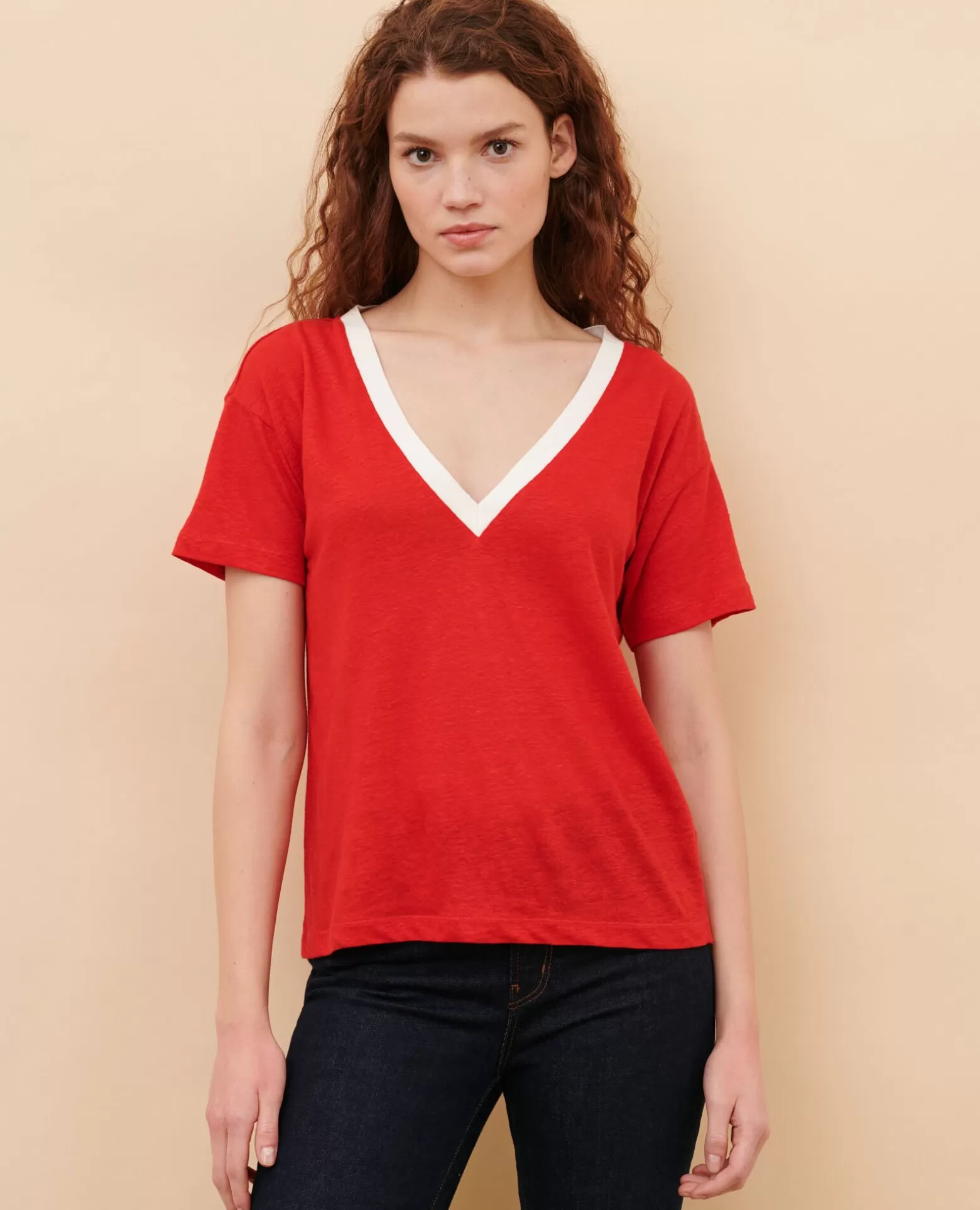 Tops | Comptoir des Cotonniers Sarah - T-Shirt En Lin 5039C Str Fieryred Gardenia